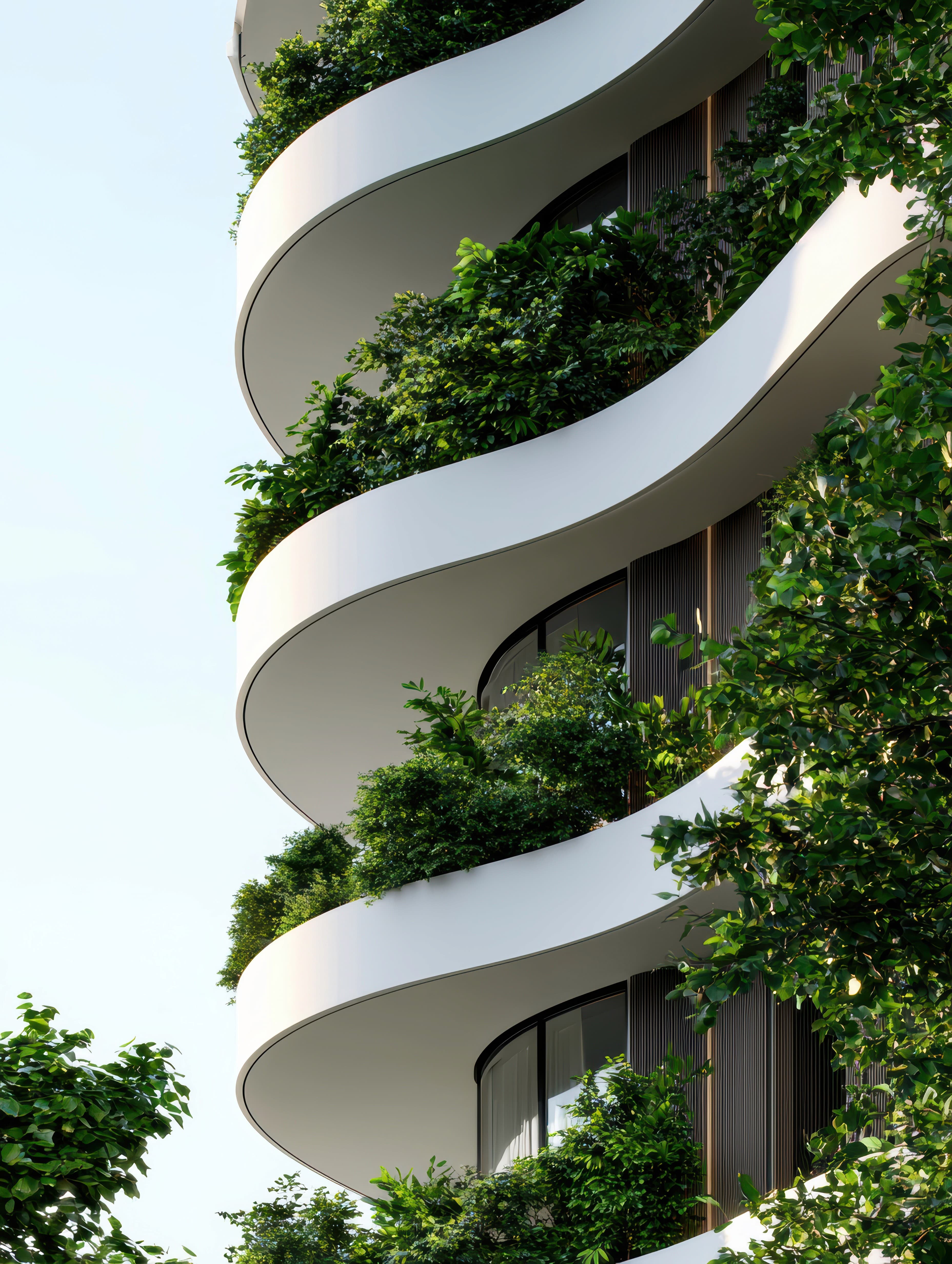 Visionäre Projektentwicklung: Geschwungene Gebäudefassade mit viel Grün für nachhaltige urbane Lebensräume.