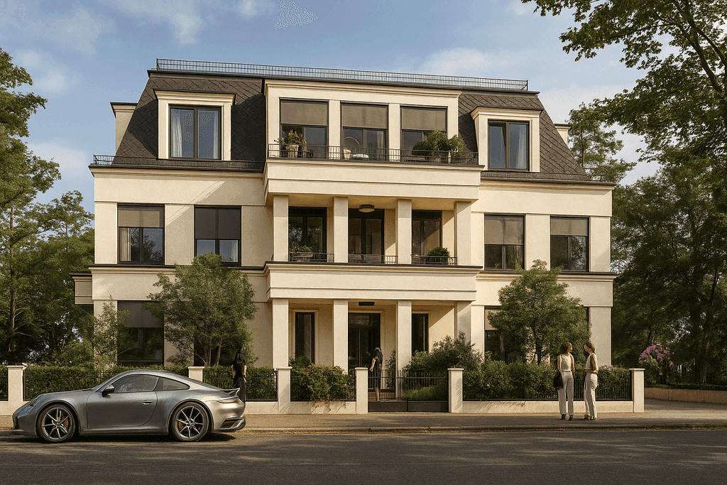 Elegante klassizistische Villa der Garten Residenzen mit Säulenportal – Realisierung von exklusiven Luxus-Wohnungen.