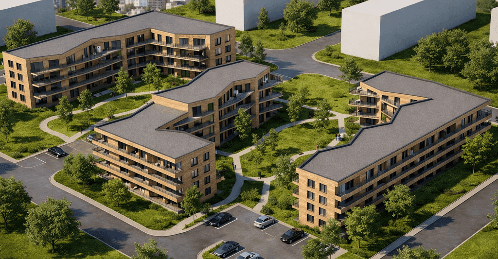 Luftaufnahme des Wohnkomplexes HHR Gärten – Neubau von 97 Wohneinheiten in Holzfassade mit Grünanlagen.
