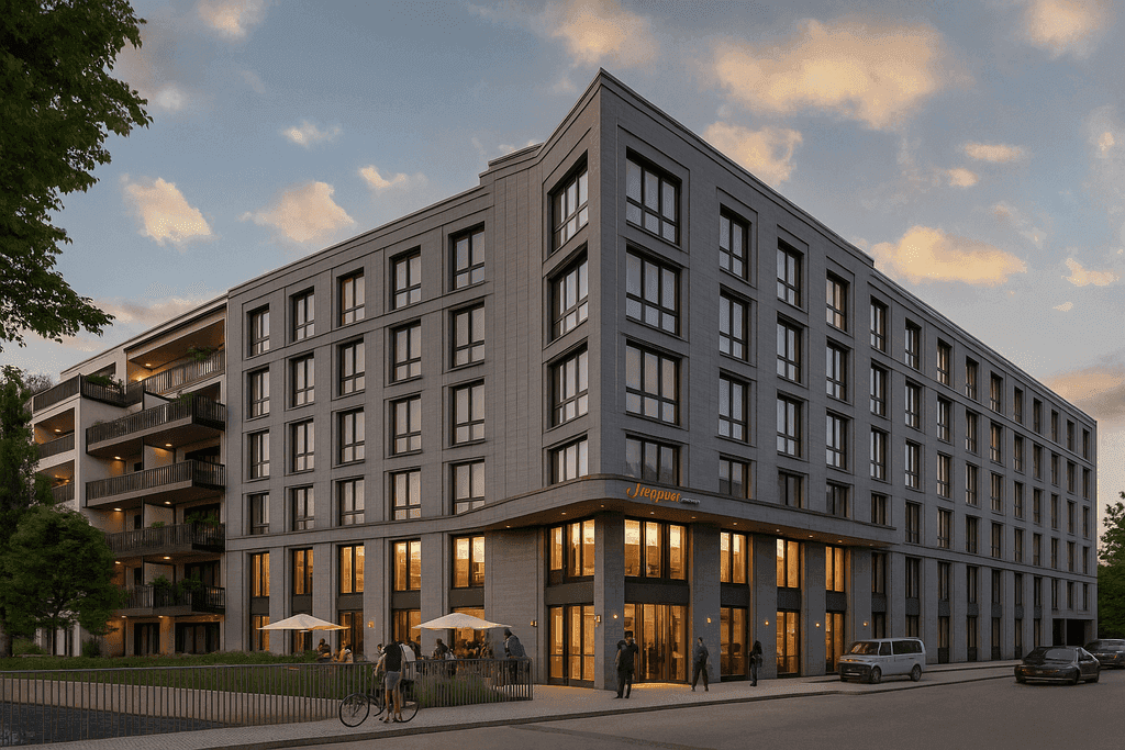 Modernes Eckgebäude Jakobs Blick bei Dämmerung – Neubau eines Mischnutzungskomplexes für Hotel und Wohnen.